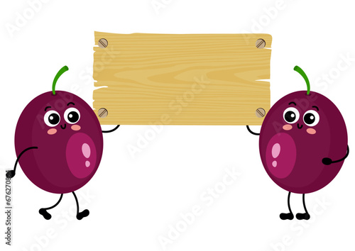 Two funny exotic fruit passion fruit mascots holding an empty wooden board