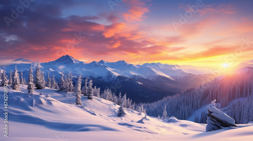 Picturesque, beautiful winter landscape of mountains and forest, snow-covered valley against the backdrop of a pink sunset. © ALA