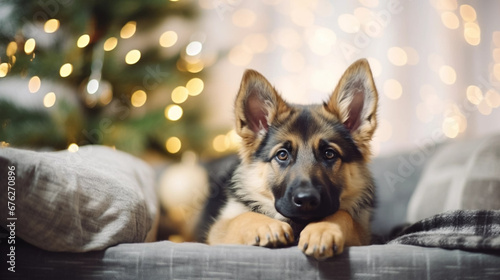 copy space, stockphoto, copy space, stockphoto, cute German shepherd dog sleeping on the sofa in a exquisit cozy christmas decorated living room.  Christmas decoration. Background for greeting card, i