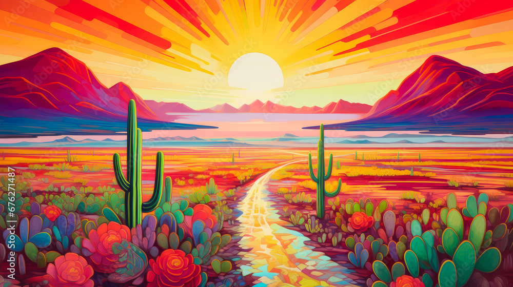 Arid Mirage: Vibrant Cactus Scene