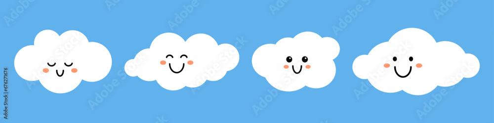 Vector set of kawaii white clouds with faces on blue background. Cute funny kids cloud collection in flat design. Childish elements. Vector set of kawaii white clouds with faces on blue background. Cute funny kids cloud collection in flat design. Childish elements.