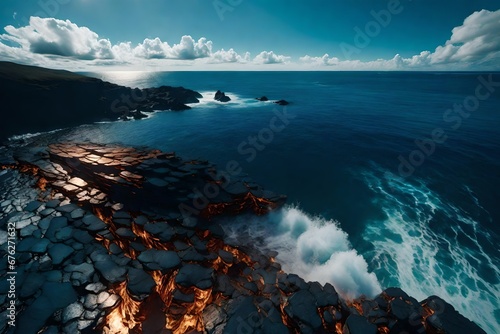 Molten copper and deep oceanic blues crashing like waves against a silver shore. © ALLAH LOVE