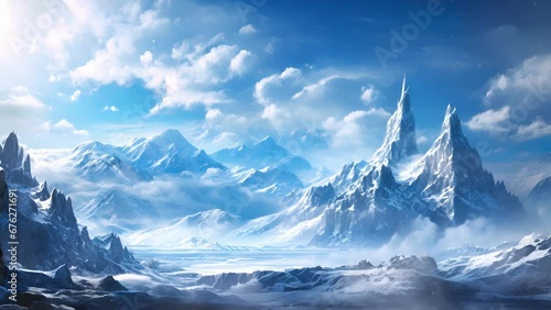 A blizzard sweeps across a snowblanketed kingdom the air around it crackling with ice. Wisps of frostwind swirl around the towering mountains as the wind chills to an unearthly chill photo