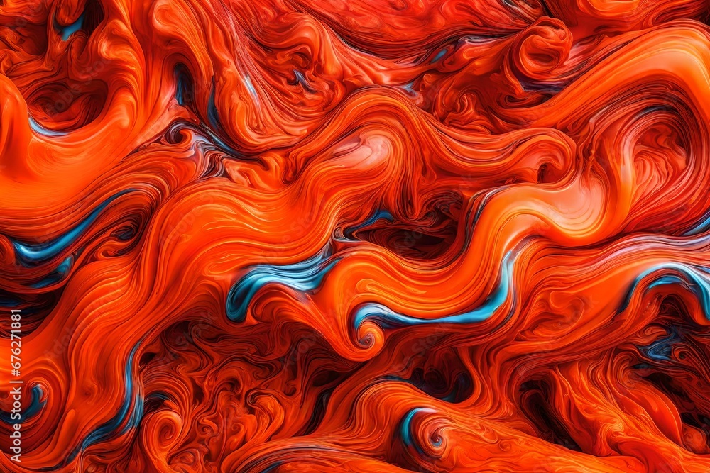 Vibrant swirls of neon red and liquid orange forming a captivating liquid color texture.