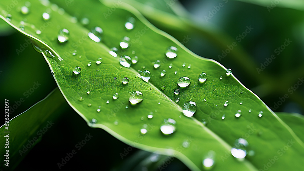 A close up image of lush green plant leaves adorned with fresh water droplets set against a dark backdrop. Generative AI. A close up image of lush green plant leaves adorned with fresh water droplets set against a dark backdrop. Generative AI.