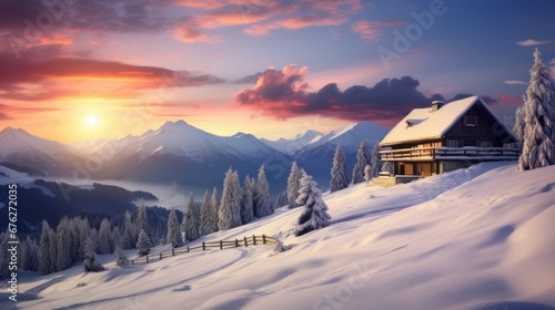 Winter landscape of mountains and forest, snow-covered valley with a small house secluded in the pink rays of the sunset.