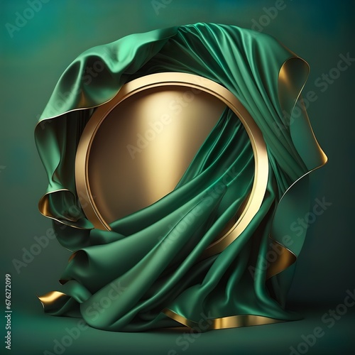 3D background. Gold circle display. Frame mockup. Luxury green silk. Flying cloth in motion. Beauty, cosmetic product presentation. Feminine template with copy space.banner advertisement Generative AI