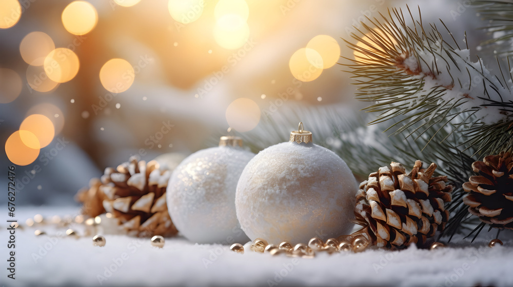 Silver Christmas balls with pine cones, spruce and fir branches on snow covered surface inside a winter forest and golden backlight in the background. Silver Christmas balls with pine cones, spruce and fir branches on snow covered surface inside a winter forest and golden backlight in the background.