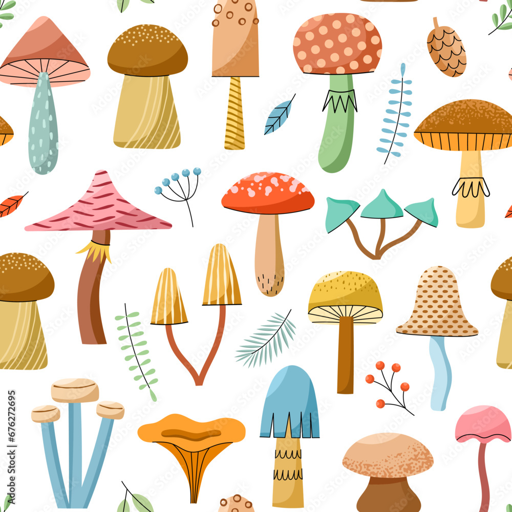 Forest mushrooms pattern. Repeated fungi elements, cartoon objects, organic items wallpaper, poisonous, edible, vector seamless background Forest mushrooms pattern. Repeated fungi elements, cartoon objects, organic items wallpaper, poisonous, edible, vector seamless background