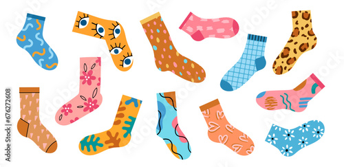 Cartoon colorful socks. Trendy cotton patterned footwear, bright modern designs, different length, textile, fabric clothing, vector set