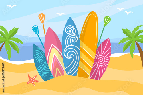 Color surfboards standing on beach. Extreme water sport, hobbies objects, patterned boards on summer sand, ocean activities, vector concept