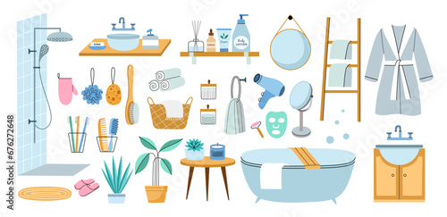 Cozy bathroom objects. Wet room different elements, terry bathrobe, ceramic sink, shower cabin, brushes, washcloths and cosmetic, vector set