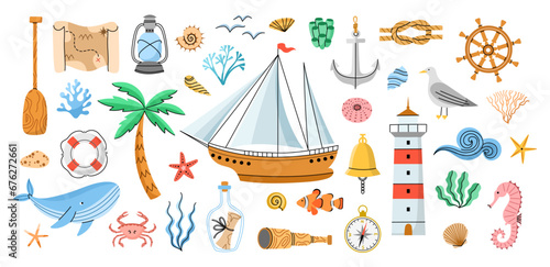 Cute sea and ocean elements. Underwater and coastal objects, marine animals and seaweeds, sailing vessel, ship and lighthouse, vector set