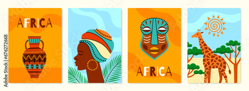 Decorative african elements posters. Traditional tribal objects, mask, female profile, clay vessel, giraffe, ethnographic item, vector cards