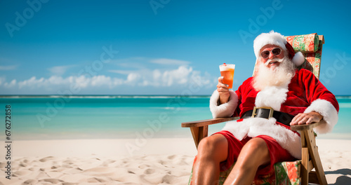 Fototapeta Naklejka Na Ścianę i Meble -  Santa Claus sitting in a beach chair on a tropical beach, holding a cocktail drink and relaxing in the sun. Concept of celebrating Christmas somewhere warm. Shallow field of view with copy space.