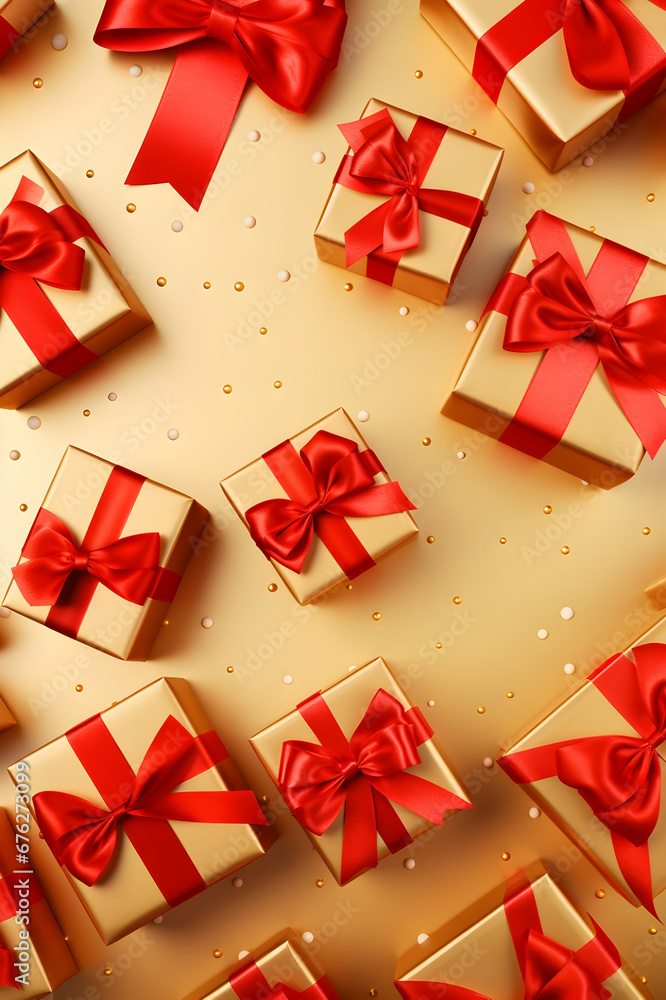 Gold gift group with red ribbons on golden background. Concept of celebration, anniversary, Christmas and New Year. Flat lay, top view, seamless abstract.