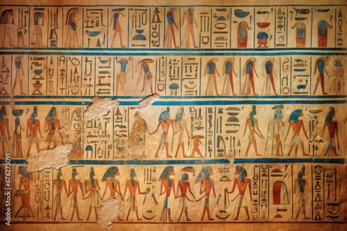 Ancient Egyptian hieroglyphic wall drawings. Old historical graved ornaments in temple. Generate ai photo