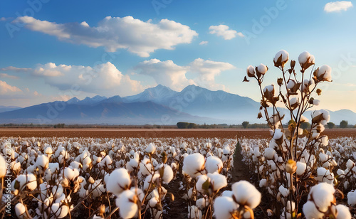 A beautiful cotton field with fluffy white balls. photo