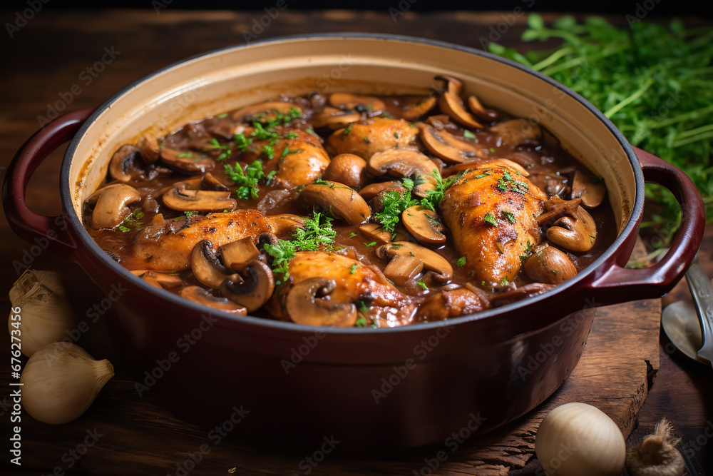 A testament to French comfort food, coq au vin emanates inviting aromas of wine-braised chicken, intertwined with earthy mushrooms and caramelized onions. A testament to French comfort food, coq au vin emanates inviting aromas of wine-braised chicken, intertwined with earthy mushrooms and caramelized onions.