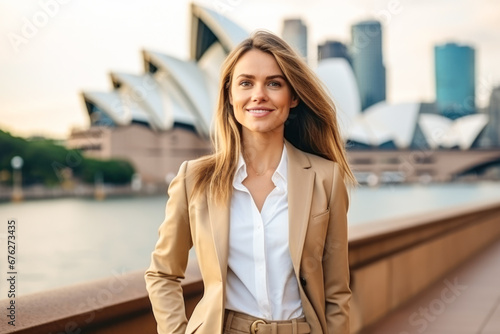 Young businesswoman wearing business suit while standing next to sydney harbor bridge with sydney opera house in the background.