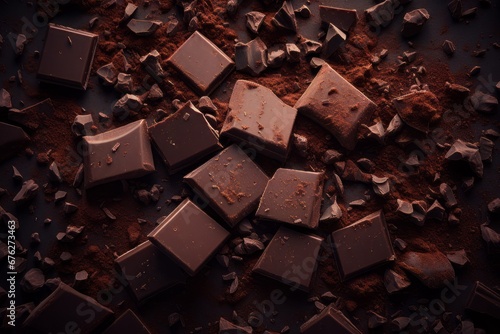Top view studio shot of blocks and pieces of chocolate and cocoa powder on a dark background