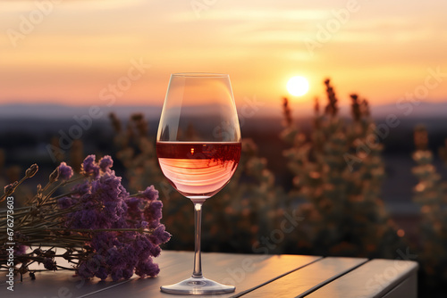  Capturing the serenity of Provence  a refreshing ros   wine stands tall against a backdrop of purple-hued lavender fields bathed in golden sunset light.