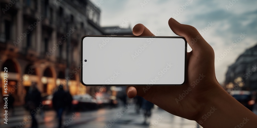 CU Caucasian male using his phone in the street, evening, blank screen mockup CU Caucasian male using his phone in the street, evening, blank screen mockup