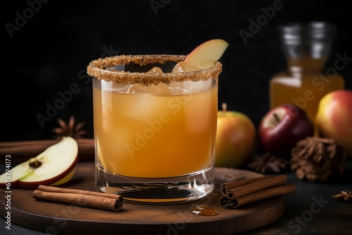 Glass with apple cinnamon sticks cocktail. Refreshment fruit alcoholic beverage with apple and ice. Generate ai