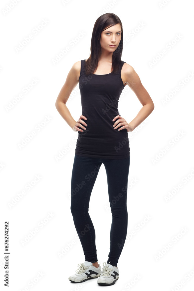 Young woman, portrait and full body in sports fashion, running or fitness against a white studio background. Female person, athlete or runner with hands on hips in sportswear or clothing for exercise Young woman, portrait and full body in sports fashion, running or fitness against a white studio background. Female person, athlete or runner with hands on hips in sportswear or clothing for exercise