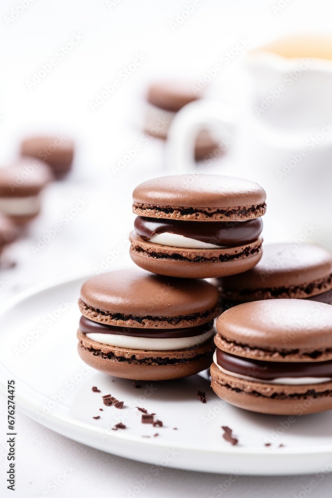 Stacks of chocolate macarons, delicious French dessert on bright white background Stacks of chocolate macarons, delicious French dessert on bright white background