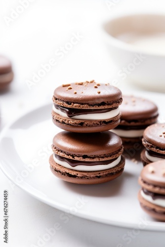Stacks of chocolate macarons, delicious French dessert on bright white background