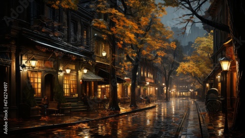 Quiet autumn street with wet leaves and beautiful reflections.