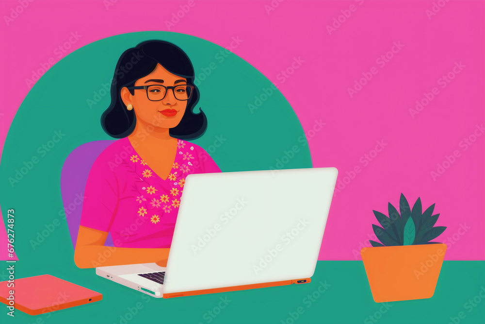An Indian woman working on laptop. Empowering Success. Journey of an Indian Woman in Digital Work. Generative AI An Indian woman working on laptop. Empowering Success. Journey of an Indian Woman in Digital Work. Generative AI