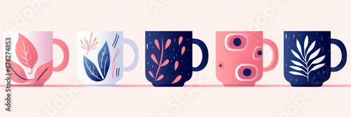 Coffee mugs in different colors with patterns