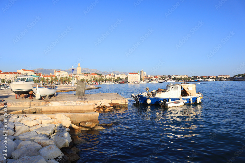  View of the embankment in the old town and boats in Split, Dalmatia, Croatia