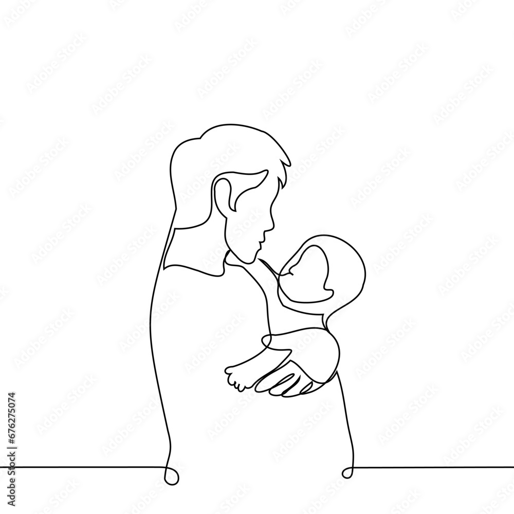man stands holding baby - one line art vector. concept a young father or older brother carries a baby in his arms