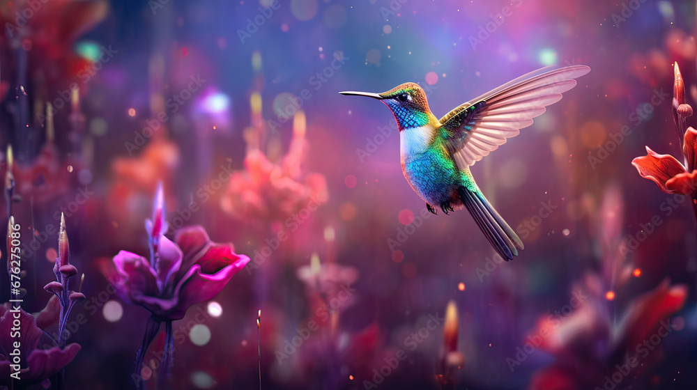 Naklejka premium Glistening hummingbird sipping nectar amidst a dreamy, bokeh flower field Ai Generative