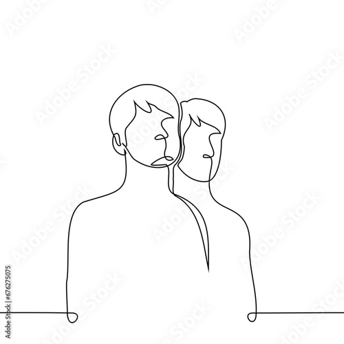 men stand next to each other - one line art vector. concept friends, brothers, colleagues, male support