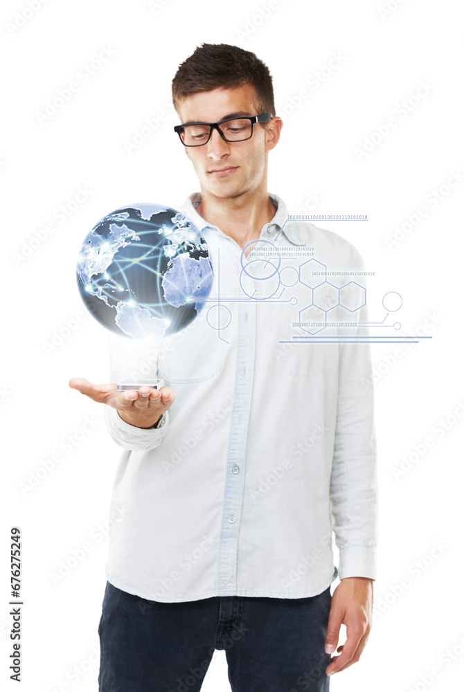 Portrait, planet or man with globe hologram for development with international connection or internet. Digital world, male person or model with holographic Earth isolated on white studio background