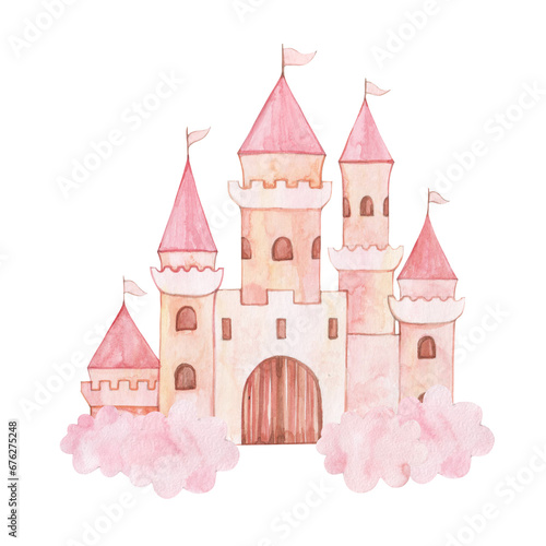 Watercolor illustration of a pink castle in the clouds. Hand drawn. For children's design.