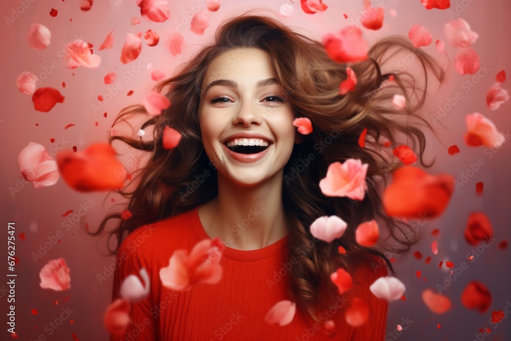 Happy young woman surrounded by red confetti, Valentine's Day portrait