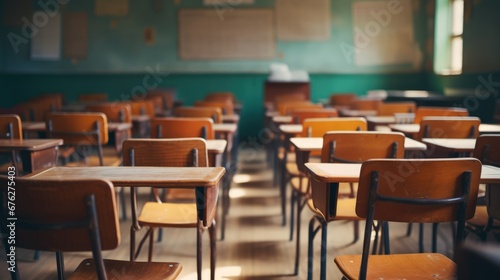 Wallpaper Mural Empty classroom, vintage wooden interior with lecture chairs and desks Torontodigital.ca