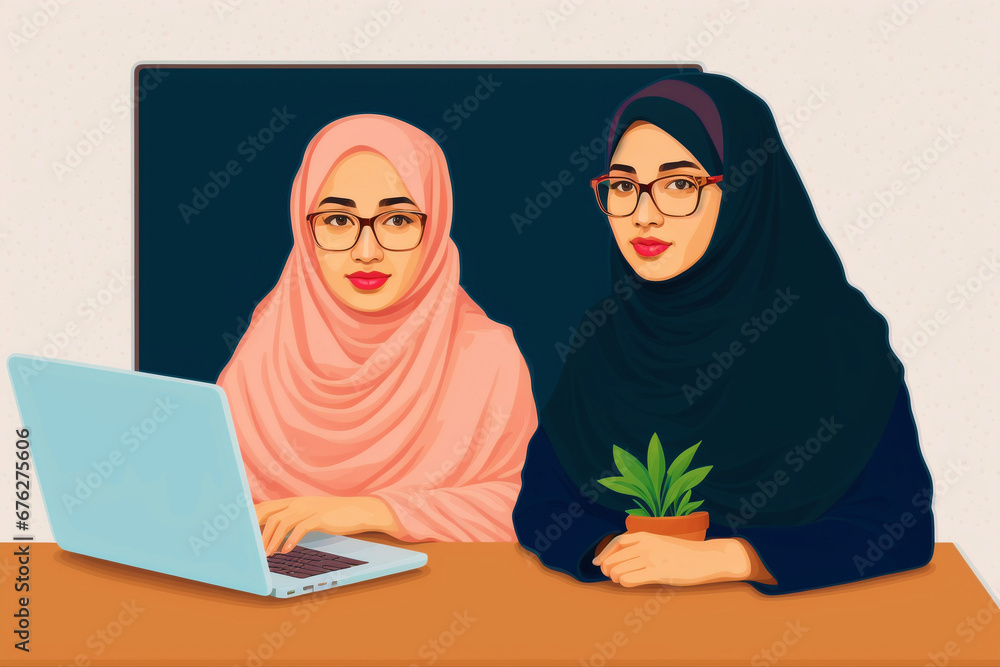 A Muslim woman working on laptop.Breaking Barriers. Empowering Muslim Women in the Digital World. Generative AI A Muslim woman working on laptop.Breaking Barriers. Empowering Muslim Women in the Digital World. Generative AI