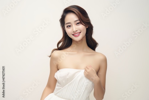Image of an attractive young woman in a beige dress, radiating positivity with her charming smile and elegance against a clean white background. Generative AI