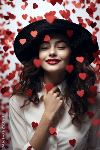 Happy young woman surrounded by red confetti, Valentine's Day portrait