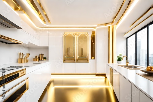 A futuristic white and gold-themed kitchen with smart appliances and abstract decorative elements.
