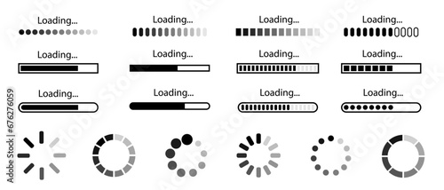 Loading bar icons. Set loading bar progress icon. Circle loader collection. Loading status on white background. Vector illustration.