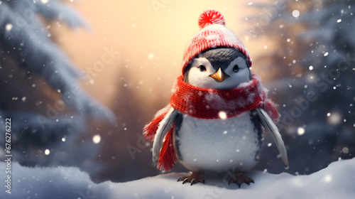 A cute penguin with a Christmas red scarf and a knitted hat on the background of a fabulous snowy forest with copy space. cartoon illustration. Christmas card.
