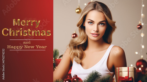 young sexy woman looking at camera in home Christmas interior and flyer collage with greeting golden inscription Merry Christmas and Happy New Year 2024 and copy space on red background