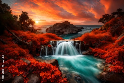 A cascading waterfall of aquamarine and coral against a fiery horizon